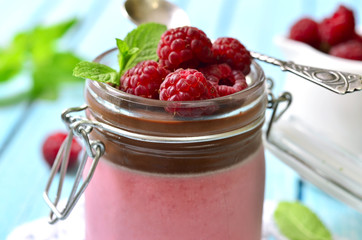 Raspberry pannacotta with chocolate.