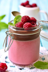 Raspberry pannacotta with chocolate.