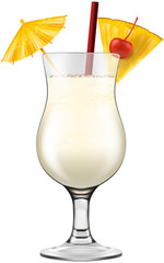 Pina colada glass decorated with cherry, pineapple and cocktail umbrella. - obrazy, fototapety, plakaty