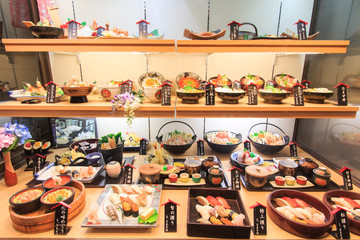 Otaru, Japan - July13, 2015: Plastic food replica of sushi in a restaurant of Otaru