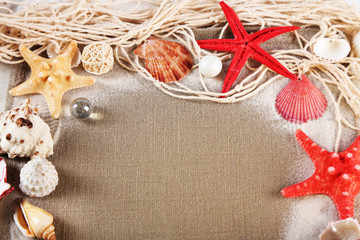 Collection of seashells with sand on sackcloth background