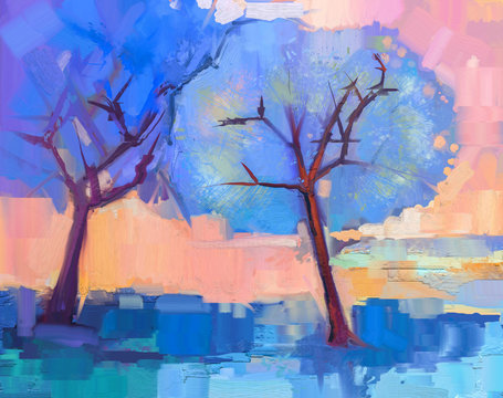Abstract colorful oil painting landscape on canvas. Semi- abstract image of trees in blue. Spring season nature background