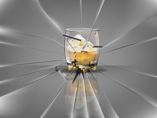 realistic beautiful whisky glass with ice cubes and whisky vector,broken glass scene