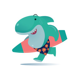 happy blue cartoon shark enjoy surfing  in summer