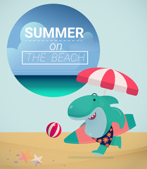happy blue cartoon shark enjoy surfing  in summer