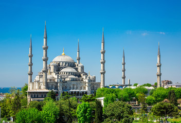 Fototapeta na wymiar Sultan Ahmed Mosque (Blue mosque) in Istanbul in the sunny day, Turkey