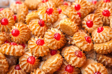 Kurabie cookies with fruit jelly as a background for design