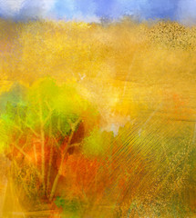 Naklejka premium Abstract colorful oil painting landscape on canvas. Semi- abstract image of tree in yellow and green with blue sky. Spring season nature. grunge yellow texture background