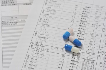 健康診断結果の上にカプセル状の薬を置いた健康管理イメージ