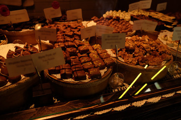 Set of chocolate on table close up