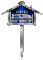 Bed and Breakfast - Metal Sign. Metallic and blue sign in the shape of house with text Bed & Breakfast and pole. Isolated on white background
