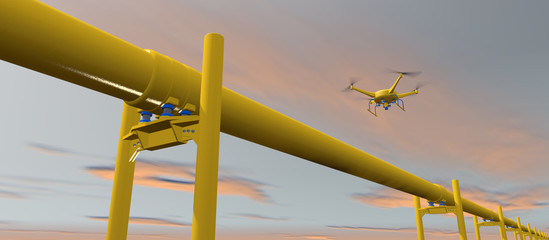 High quality 3D render of a UAV drone flyby. Fictitious UAV is a unique design, created entirely by myself. Wide format, grey orange evening sky and motion blur for dramatic effect.