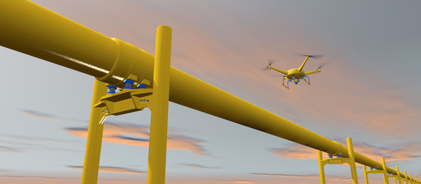 High quality 3D render of a UAV drone flyby. Fictitious UAV is a unique design, created entirely by myself. Wide format, grey orange evening sky and motion blur for dramatic effect.