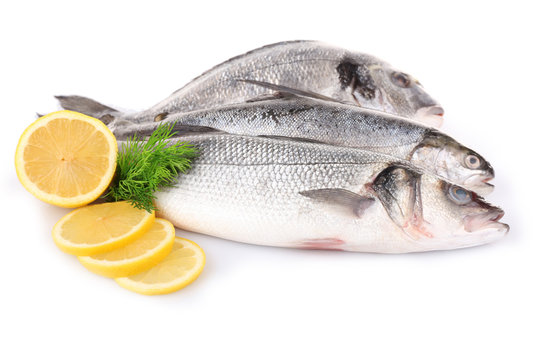Fresh fish with dill and lemon isolated on white