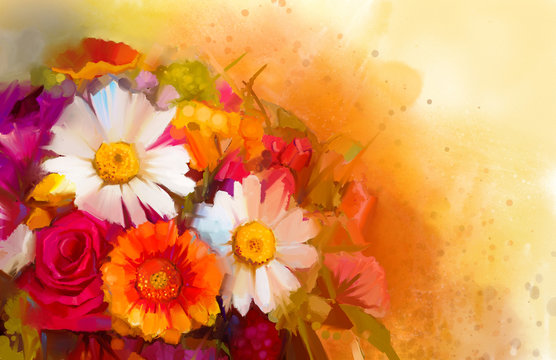 Closeup Still life of white, yellow and red color flowers .Oil painting a bouquet of rose,daisy and gerbera flowers with soft red and yellow color background. Hand Painted floral Impressionist style