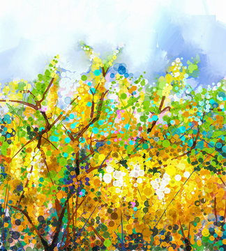 Abstract flowers watercolor mix oil color painting. Spring yellow flowers Wisteria tree with soft yellow and blue color background.
