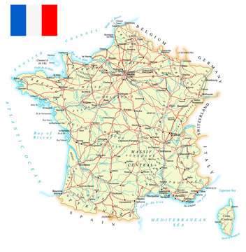 France - detailed map - illustration. Map contains topographic contours, country and land names, cities, water objects, roads, railways.
