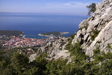 Town Makarska in Croatia, aerial view from mountain Biokovo