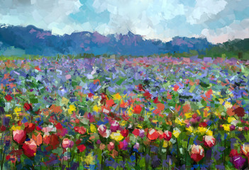 Obrazy  Obraz olejny Kolorowa wiosna lato krajobraz wiejski. Streszczenie kwiaty tulipany kwitną na łące z hill i błękitne niebo kolor tła.