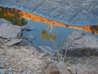 Reflection of a tree and Red glowing rocks at Ormiston Gorge in the McDonnell Ranges, Alice Springs, Australia, July 2015