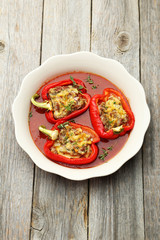 Red peppers stuffed with meat, rice and vegetables