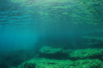 Fototapeta na wymiar Underwater blue background in ocean with sunlight
