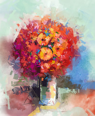 Abstract Still life a bouquet of flowers. Oil painting red gerbera flowers in vase. Hand Painted floral in Impressionist style