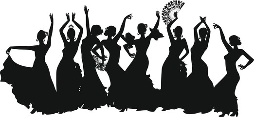 black silhouettes of female flamenco dancer - obrazy, fototapety, plakaty