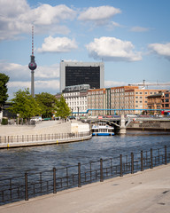 The River Spree, Berlin, with the iconic landmark Alexanderplatz television tower visible.