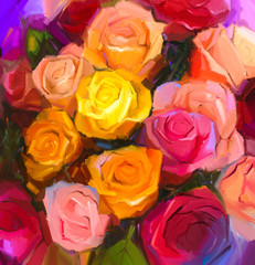 Obrazy  Martwa natura z żółtymi i czerwonymi kolorami kwiatów. Obraz olejny bukiet kwiatów róży. Ręcznie malowane kwiatowy styl impresjonistyczny.