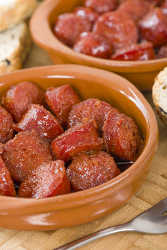 Chorizo a la Sidra - Spanish spicy chorizo sausages cooked in cider.
