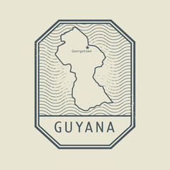 Stamp with the name and map of Guyana