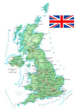 United Kingdom - detailed topographic map - illustration. Map contains topographic contours, country and land names, cities, water objects, flag, roads, railways.
