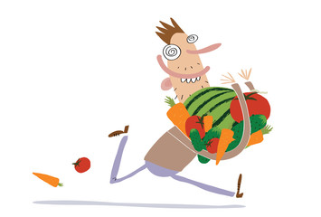 Happy man runs with his rich harvest: tomatoes, cucumbers, carrot and watermelon