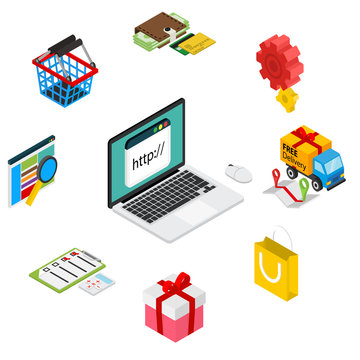 Isometric illustration of online shopping with laptop and icons