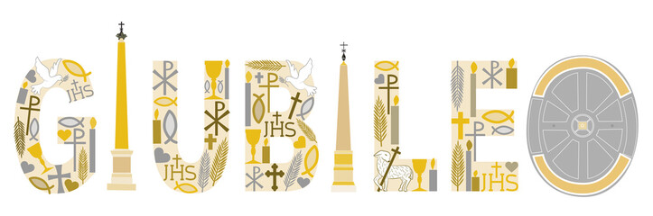 La parola "GIUBILEO" composta da alcuni simboli cristiani per illustrare il Giubileo della misericordia indetto da Papa Francesco dall'8 dicembre 2015 al 20 novembre 2016