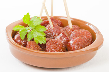 Chorizo a la Sidra - Spanish spicy chorizo sausages cooked in cider.
