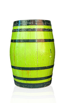 Old green barrel on white background with reflection