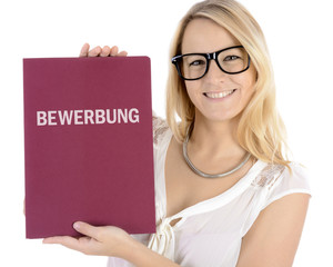 Frau mit Bewerbungsmappe für Jobsuche, Vorstellungsgespräch und Bewerbung 