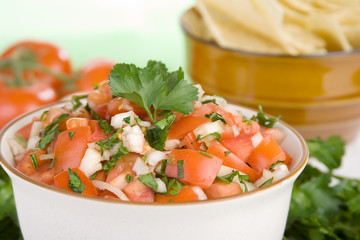 Salsa Fresca and Chips &ndash; A bowl of fresh salsa made of tomatoes, onions, and cilantro. Corn tortilla chips and fresh tomatoes in the background.