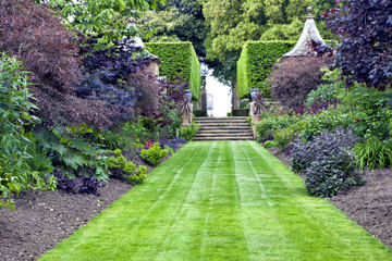 Grass path leading to stone stairs in a landscaped garden - 87661307