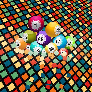 Bingo balls breaking a colored tiles background