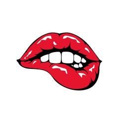 Red lips biting icon on white background.