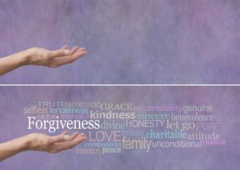 Forgiveness Word Cloud Banner - Female hand outstretched with palm up and the word Forgiveness...