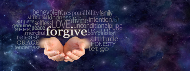 Full of Forgiveness - Cupped female hands emerging from panoramic deep space blue background with the word Forgive floating above surrounded by a relevant word cloud and copy space on right side