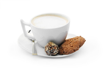 сup of coffee with chocolate candy, cookies and teaspoon