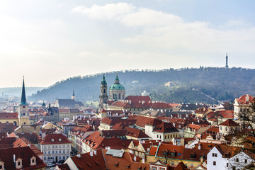 Prague panorama in a morning fog. Czech Republic.