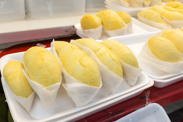 Thailand street food fresh durian in package for ready to eat.