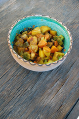 closeup of Indian meal. fresh seasonal vegetables with curry sauce