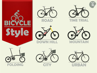 set of bicycle which consist of mountain bike,road bike,downhill bike,urban bike,city bike,time trial bike and folding bike